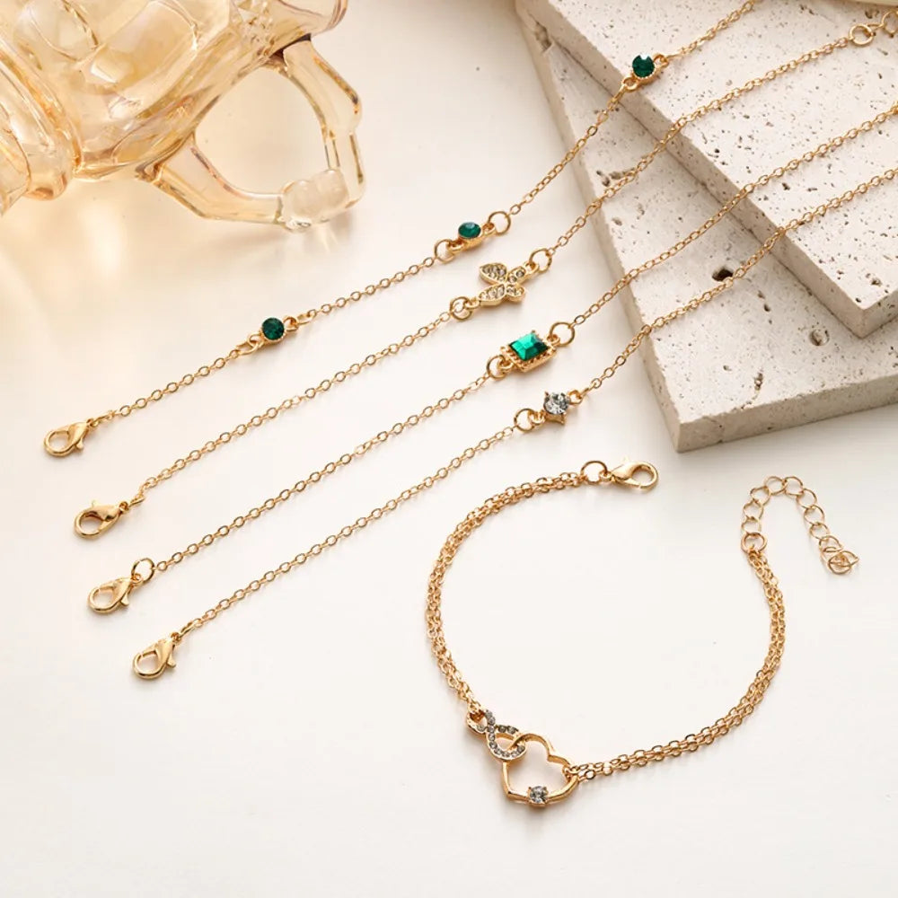5Pcs/Set Halloween Heart Green Crystal Stone Bracelet Set for Women Gold Color Lovely Butterfly Rhinestone Girls Bracelet Set