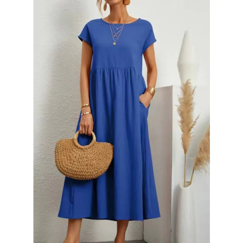 Dresses for Women  Cotton Linen Midi Casual  Short Sleeve Loose A-Line Sundress with Pockets  Solid Color Oversized Long Dress