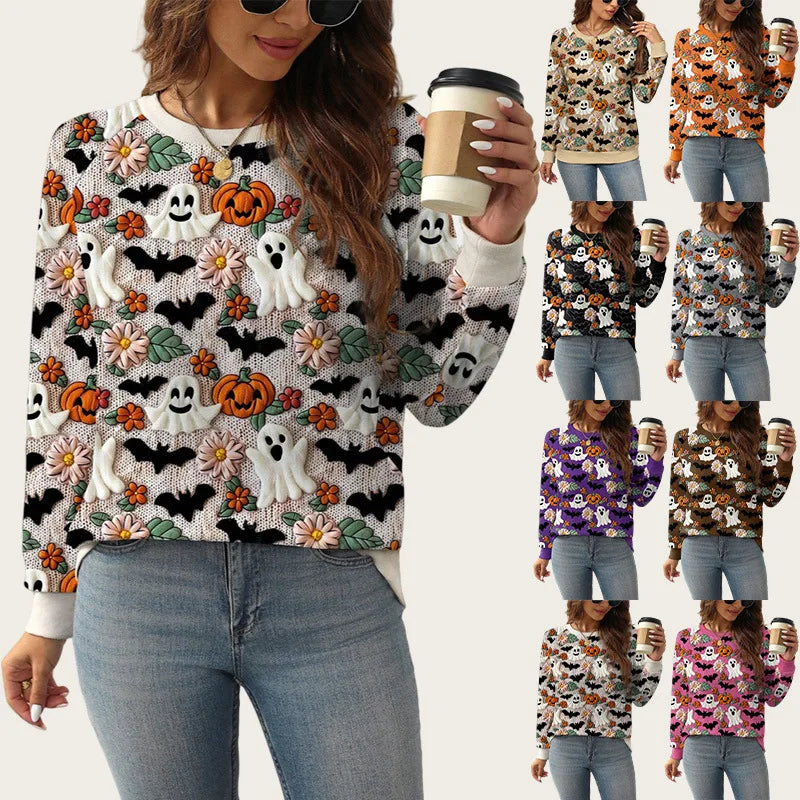 Autumn and Winter New Ghost Pumpkin Halloween Pullover Sweatshirt for Women, Plus Size