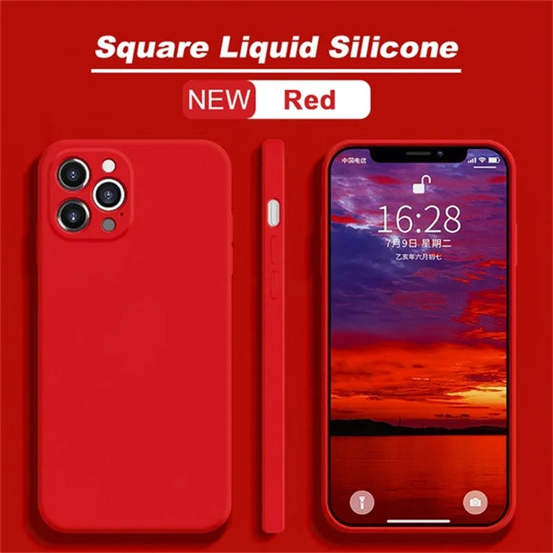 Original Silicone straight edge Case For iPhone 11 12 13 14 15 Pro XS Max XR X 8 7 Shockproof Funda Cover