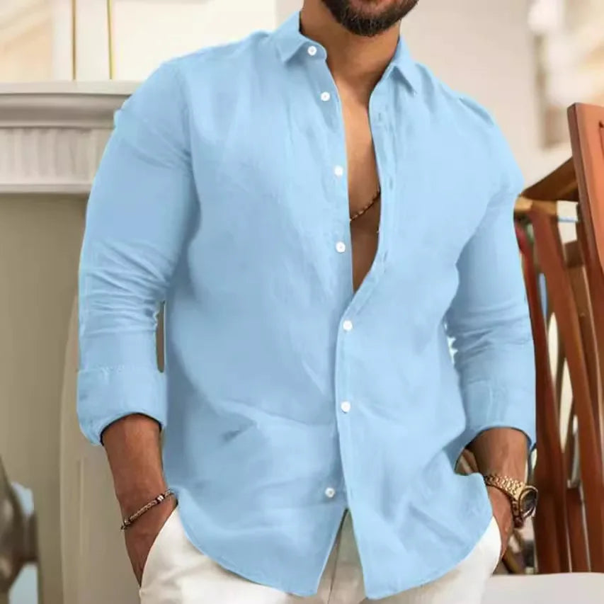 Men's Solid Color Cotton Linen Shirt Classic Button-Up Lapel Long Sleeve Loose Casual Top Spring Summer Fashion 2026