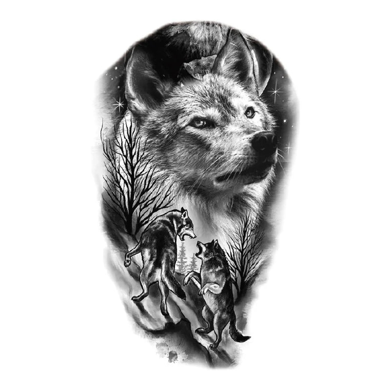 Waterproof Temporary Tattoo Sticker Forest Big Tiger Lion Wolf King Body Arm Hand Cool Art Black Animal Men Women Fake Tattoos