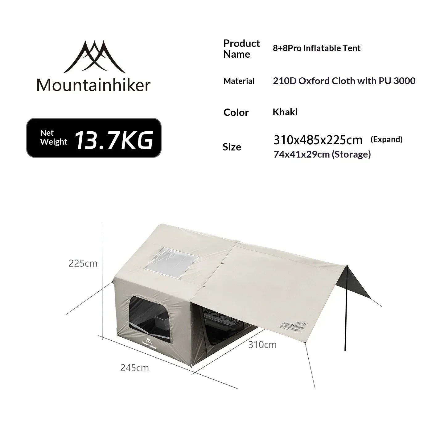 8+8㎡ inflatable camping tent, large inflatable camping tent (with manual air pump), easy-to-set-up portable camping tent.