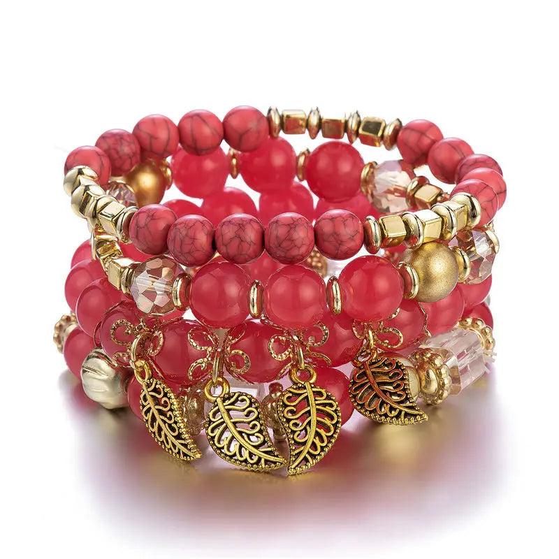 4Pcs Fashion Stone Beads Bracelets Set For Women Retro Gold Color Leaves Charm Beaded Chain Handmade Bangle Boho Jewelry