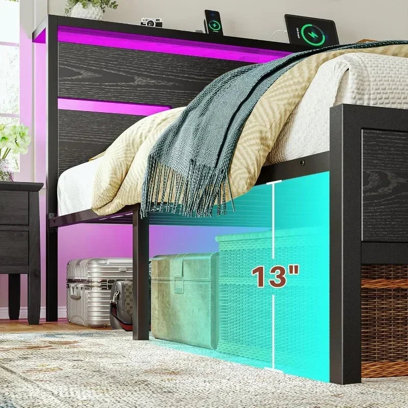 Bed Frame with LED Lights & Charging Station, King Bed Frame and Headboard,13" Under Bed Storage,Metal Slats Support Customized