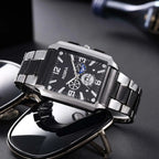 Men Watches Steel Fashion Elegant Rectangle Dial Steel Clock Quartz Watch Men's Silver-Black Cool Wristwatch Masculino Relogio