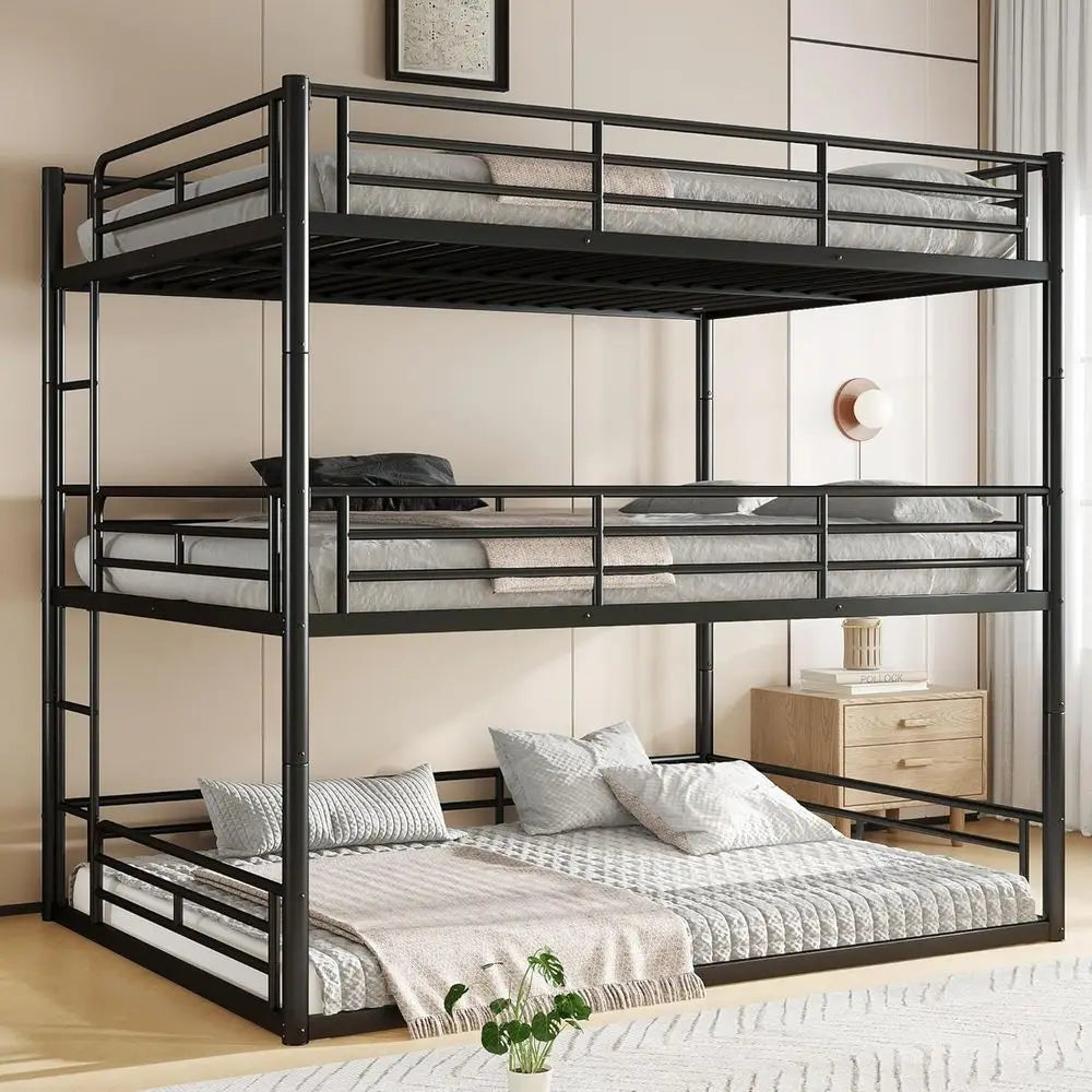 Triple Bunk Beds with Full-Length Guardrails, Queen Over Queen Over Queen, Noise-Reduced, Metal Frame in Black