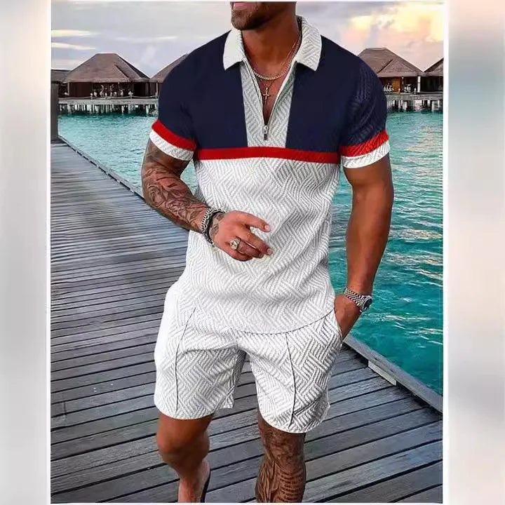 2026 Summer Men Matching Set Short Sleeve Polo Shirt Shorts Breathable Vacation Sports 2 Piece Outfits Men's Short Suit Set