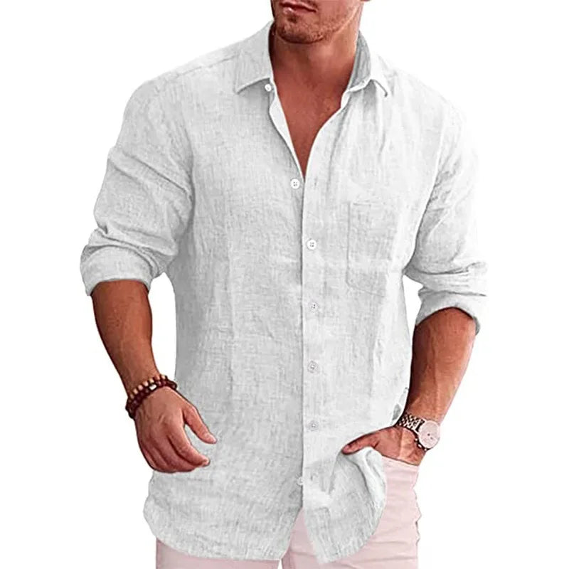 Men's Loose Solid Color Shirt Linen Lapel Long Sleeve Casual