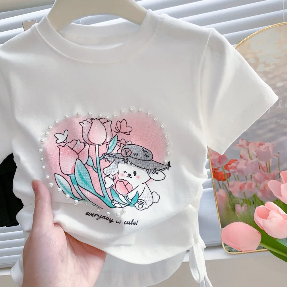 Summer Short Sleeved T-shirt Girls Fashionable Drawstring Top 3-8 Years Old Girl Pearl Love Sweet Cartoon Print Pullover