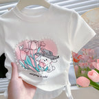 Summer Short Sleeved T-shirt Girls Fashionable Drawstring Top 3-8 Years Old Girl Pearl Love Sweet Cartoon Print Pullover