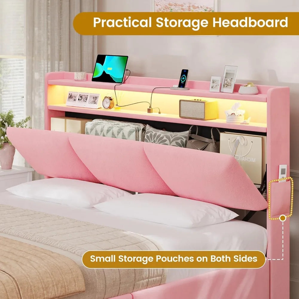 USA Stock Queen Size Bed Frame with Storage Headboard 4 Drawers USB Type C Charging Station LED Lights Velvet Upholstered