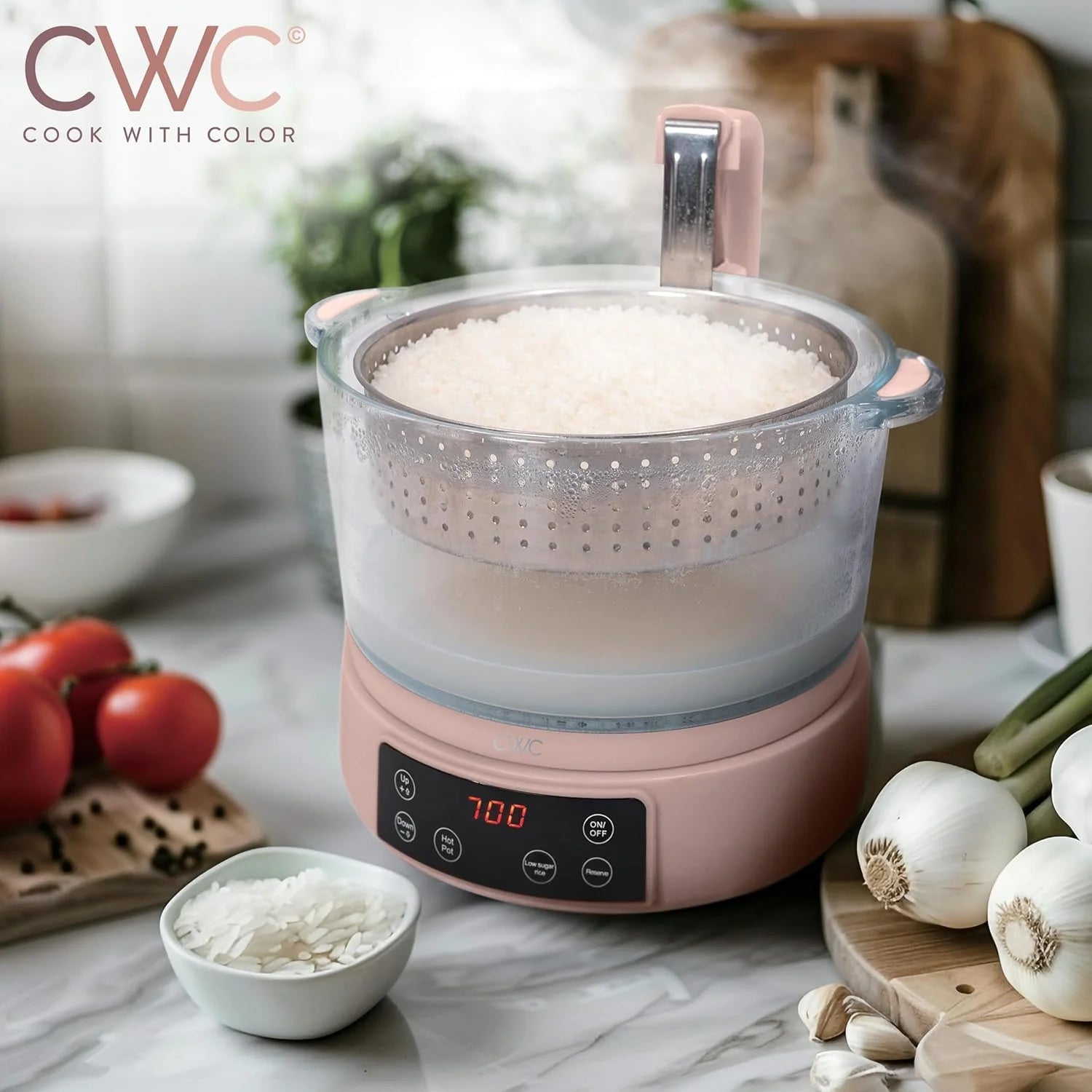 COOK WITH COLOR 3L Glass Low Carb Rice Cooker-Makes 6 Cups Cooked Low Sugar Rice with Auto Lift Filter Basket Hotpot Steamer