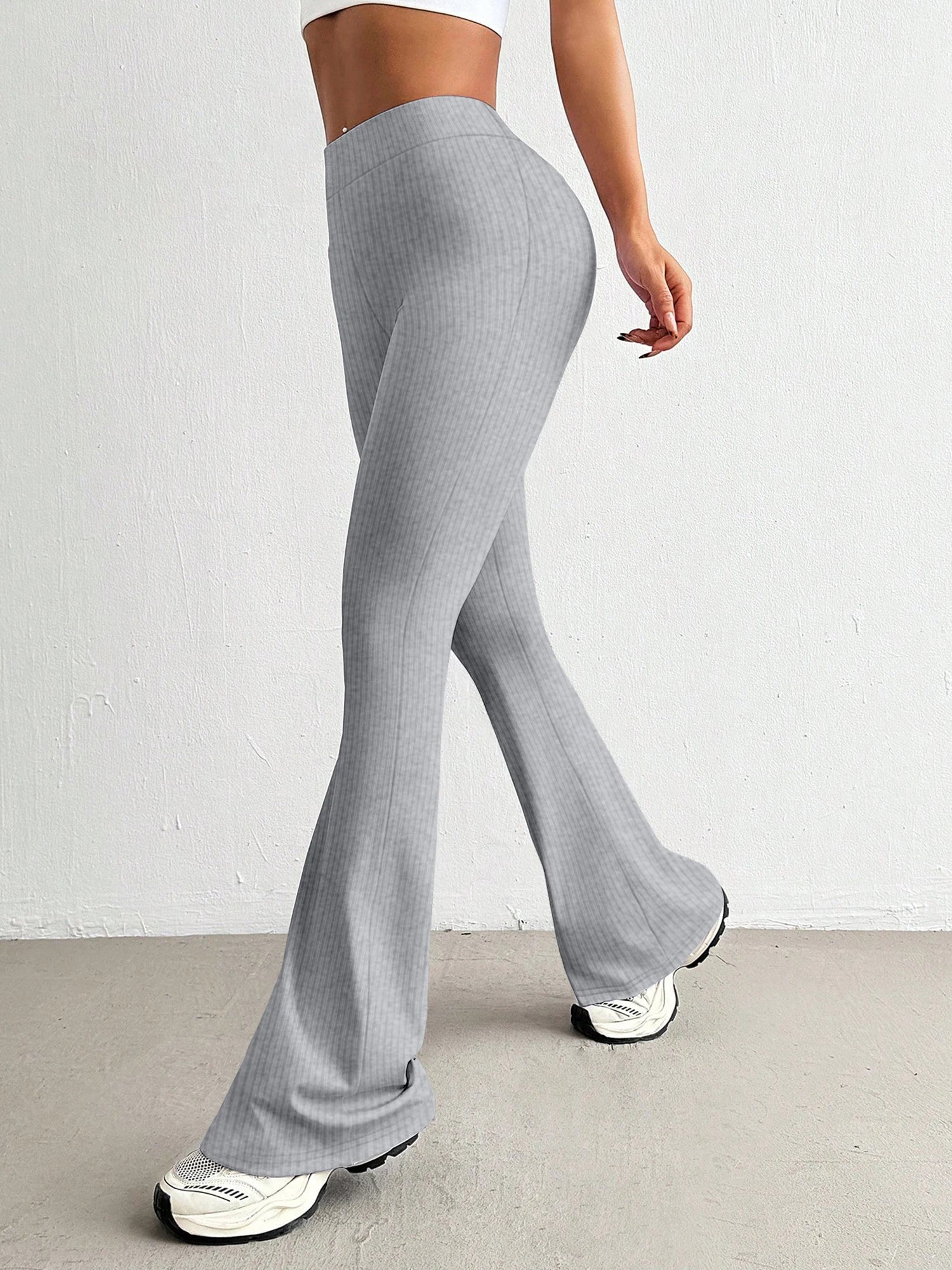 High-Waisted Ribbed Flared Pants Same Style as European and American Fashion Bloggers Elastic Slim-Fit Leg-Lengthening Casual