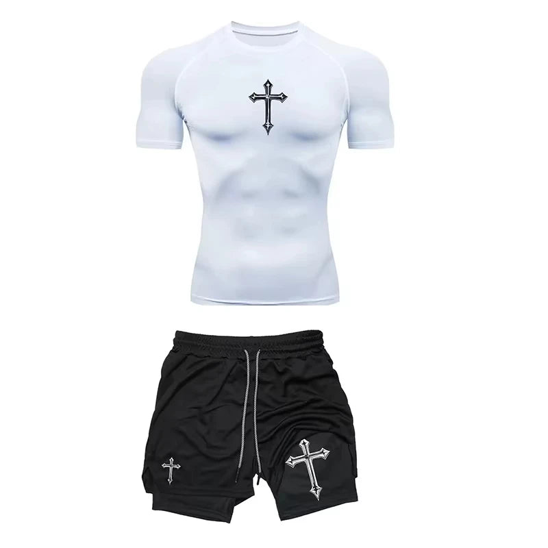 Men's Summer 2-Piece Jogging Set Compression Tight T-Shirt & Fitness Shorts Breathable Gym Workout Tracksuit ZY00190