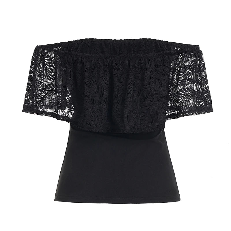 [RUOKE] Sexy Off Shoulder Lace Crop Top Women Ruffle Blouse Summer Slash Neck T-shirt Slim Fit Tube Top Going Out Party Date Y2K