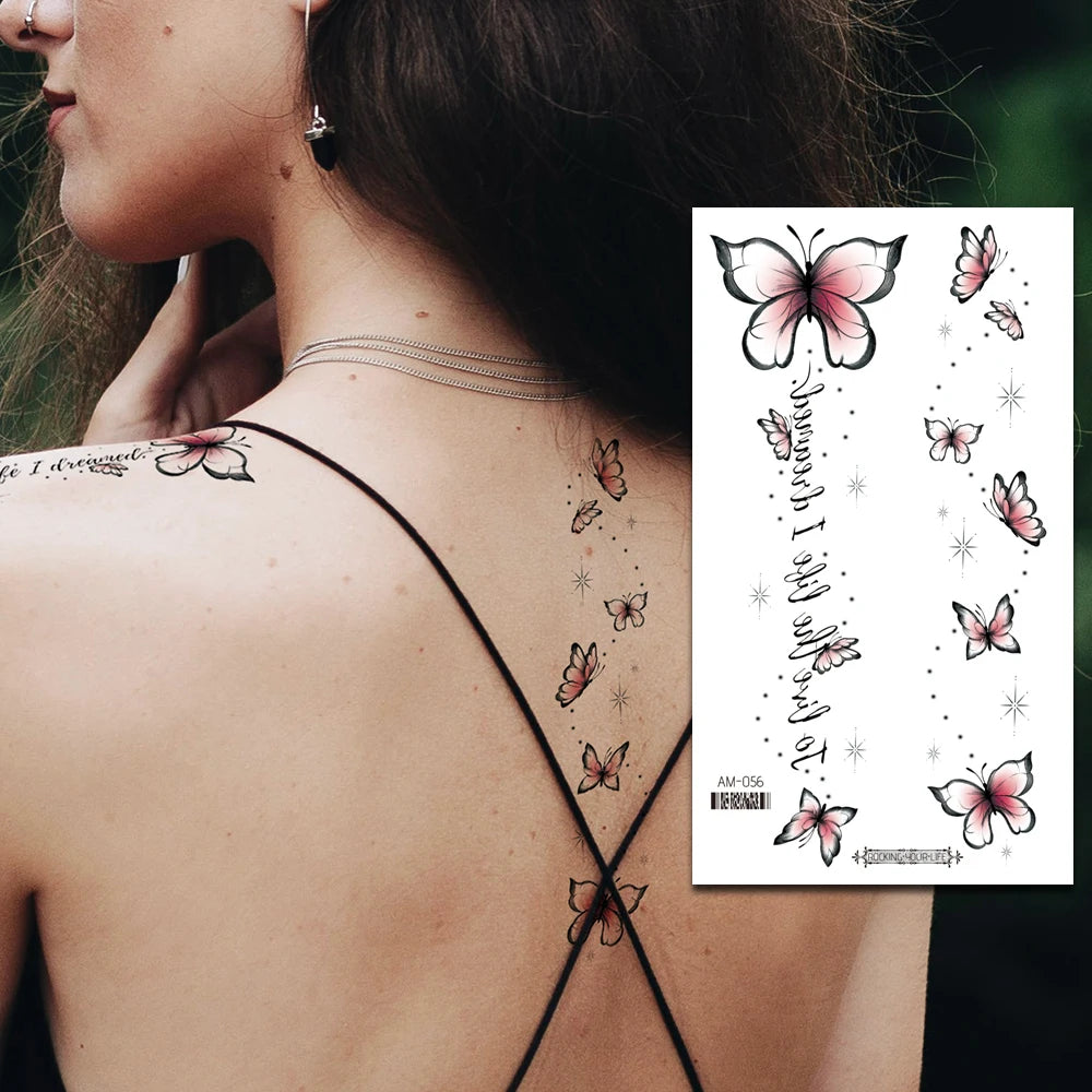 Elegant Floral Temporary Tattoos for Women - 6 Sheets Waterproof Body Art (Rose, Butterfly, Feather Designs) - Back Arm Fake Tat
