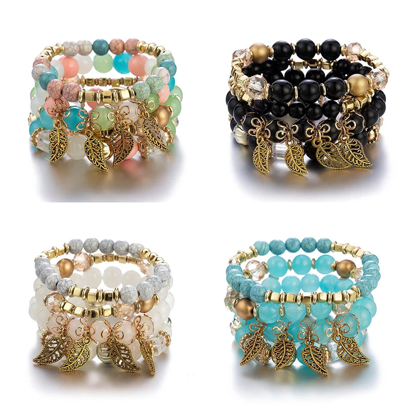 4Pcs Fashion Stone Beads Bracelets Set For Women Retro Gold Color Leaves Charm Beaded Chain Handmade Bangle Boho Jewelry