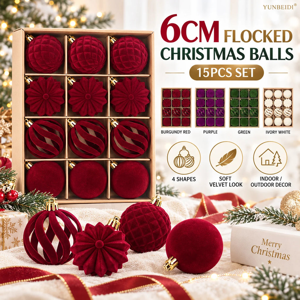 6CM Christmas Balls Set 15PCS Soft Velvet Flocked Ball Ornaments 4 Shapes Christmas Tree Decorations Home Gift Holiday Decor