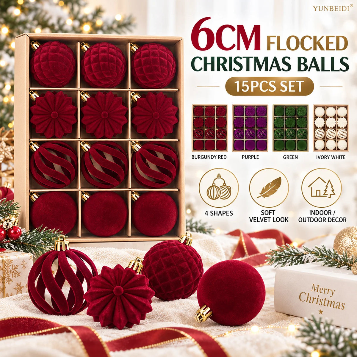 6CM Christmas Balls Set 15PCS Soft Velvet Flocked Ball Ornaments 4 Shapes Christmas Tree Decorations Home Gift Holiday Decor