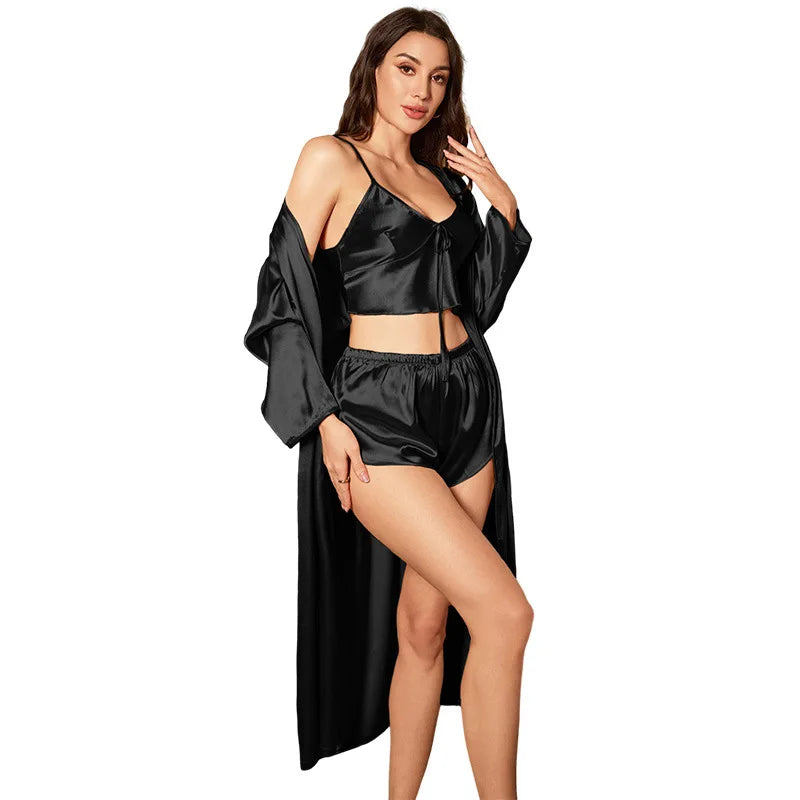 3PCS Sexy Women Pajamas Ladies Nightgowns Satin Robes Nightdress Sling and Short Women Robe