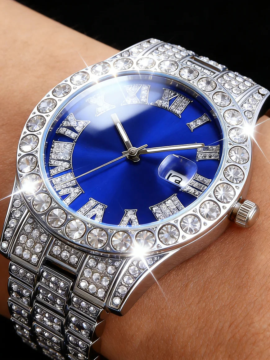 Men's Watch Set with Trendy Chain And Calendar Function Embedded Craft Design Birthday Gift