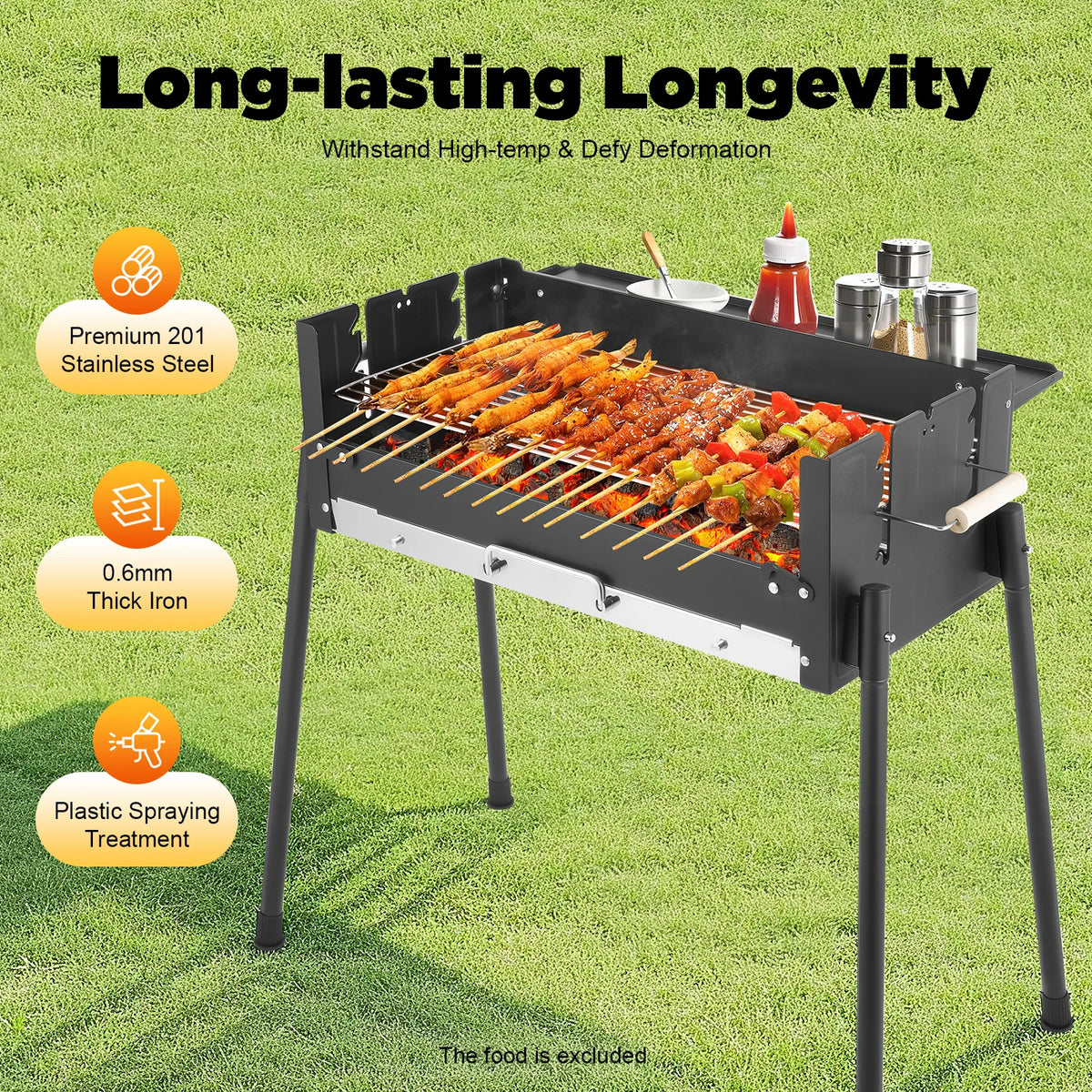 Folding Charcoal BBQ Grill – 3-Level Adjustable Height, 201 Stainless Steel, Portable Outdoor Camping for 3-8 People – Black