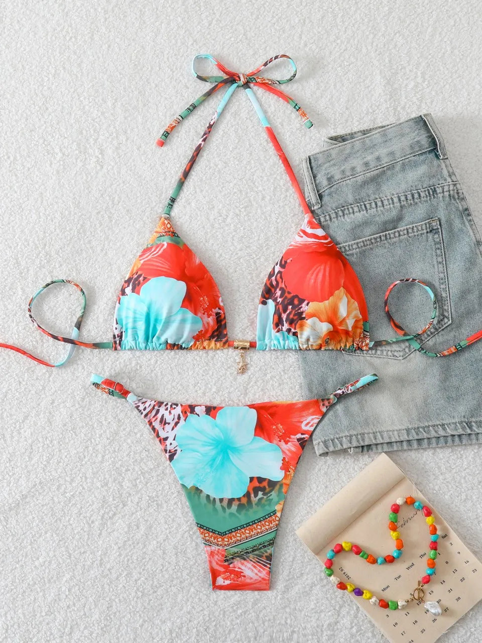 2026 Sexy Triangle Bikini Set Women Lace Up Swimwear Female Printed Swimsuit Beachwear Lady Bather Bathing Swimming Suit Summer