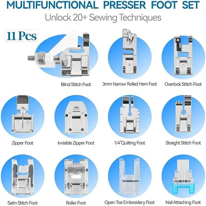 A sewing machine suitable for beginners, with an extension table, comes with an 11-foot presser set, has 12 stitch patterns