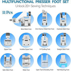 A sewing machine suitable for beginners, with an extension table, comes with an 11-foot presser set, has 12 stitch patterns