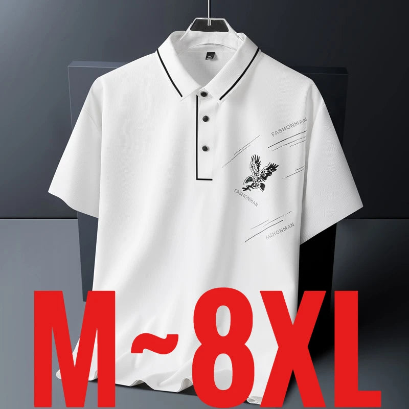 Plus Size 8XL Men's Stripe Polo Shirts Short Sleeve Ice Silk Tshirt Male Big Large Collar Business Casual Elegant Formal Classic