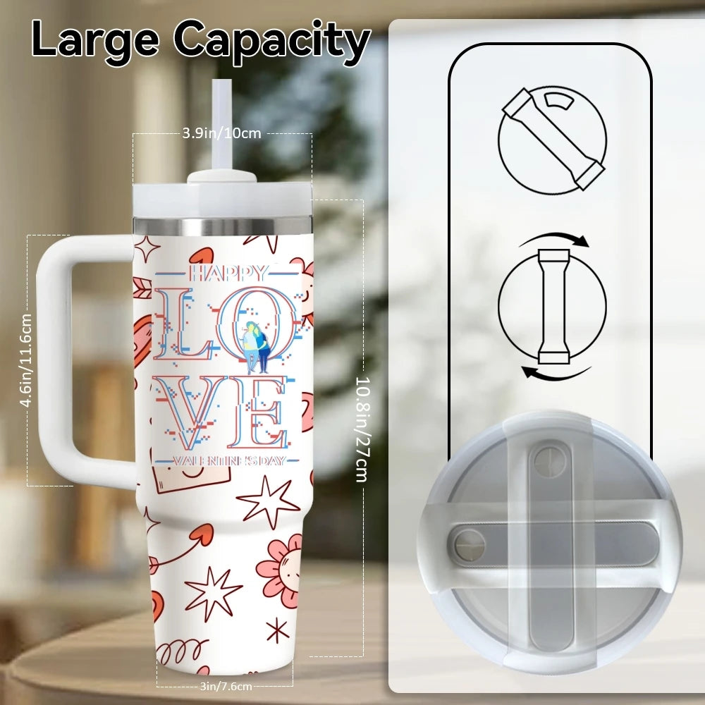 Happy Love Valentine's Day Vacuum Flasks 40oz Stainless Steel Vacuum Insulated Tumbler with Straw Leak Resistant Travel Mug