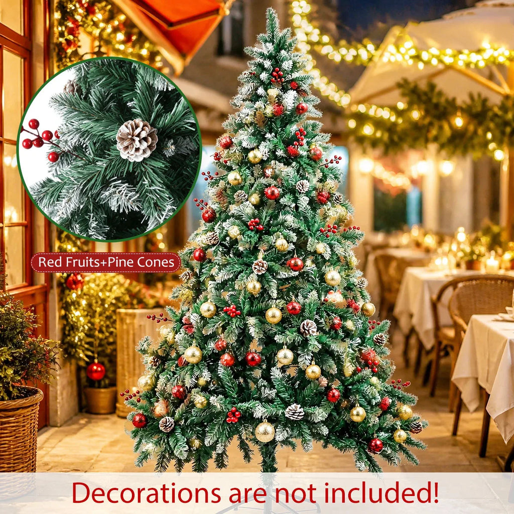 7FT 8FT Snow Flocked Artificial Christmas Tree with Pine Cones & Red Berries, Hinged Xmas Tree with Foldable Metal Stand for Indoor Holiday Home Decor