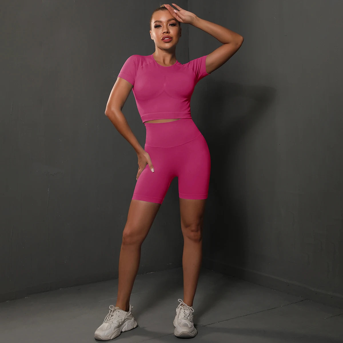 Summer Women Seamless Yoga Set Fitness Sportswear Workout Tracksuit Short Sleeve Crop Top High Waist Shorts Set Gym Clothing