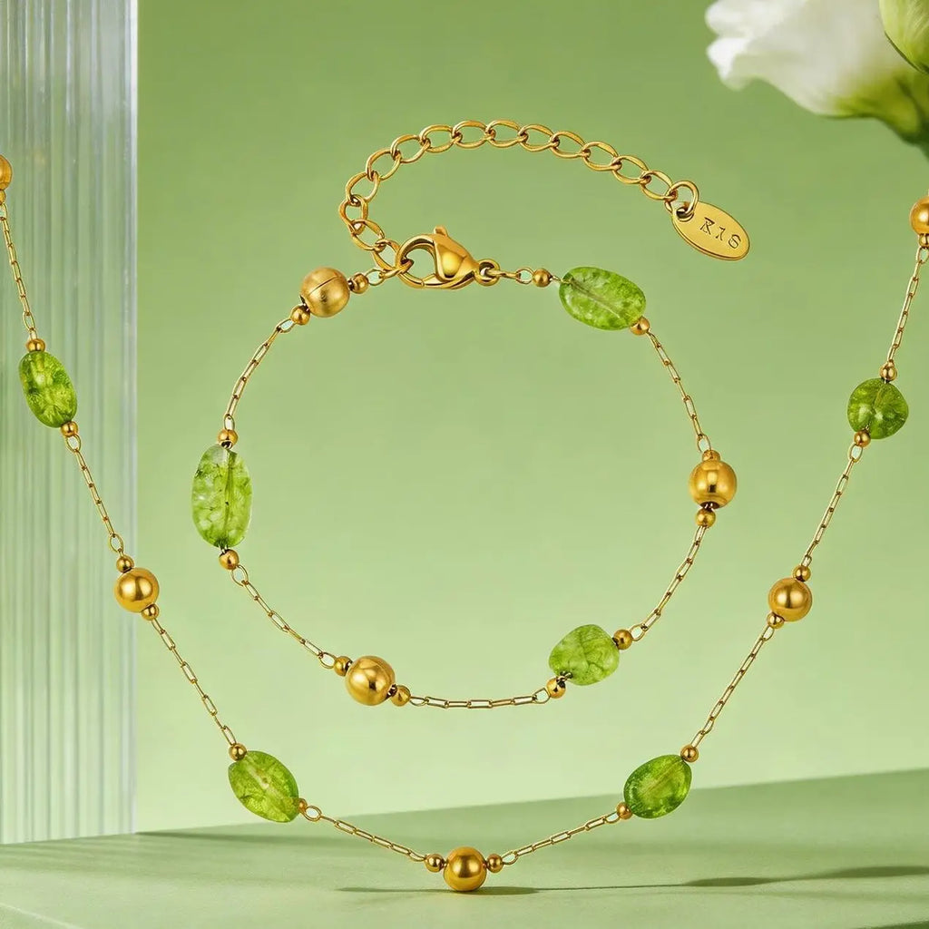 Fashion Green Natural Stone Bracelets for Women Stainless Steel Spacer Bead Bracelet 18K Gold Plated Jewelry Gift