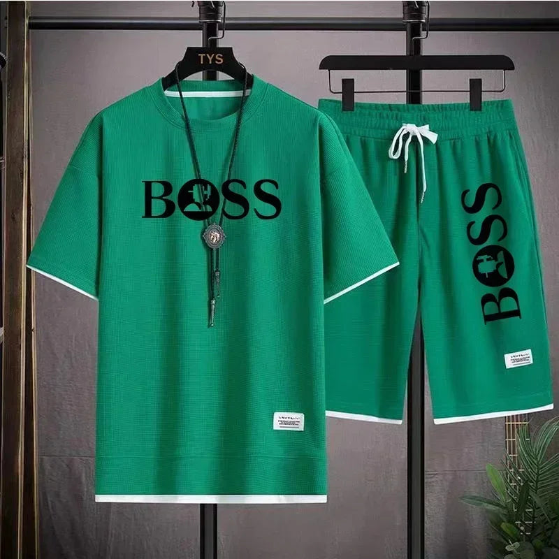 Summer 2025 new men's breathable short-sleeved T-shirt + quick-drying shorts two-piece set, outdoor fashionable men's sportswear