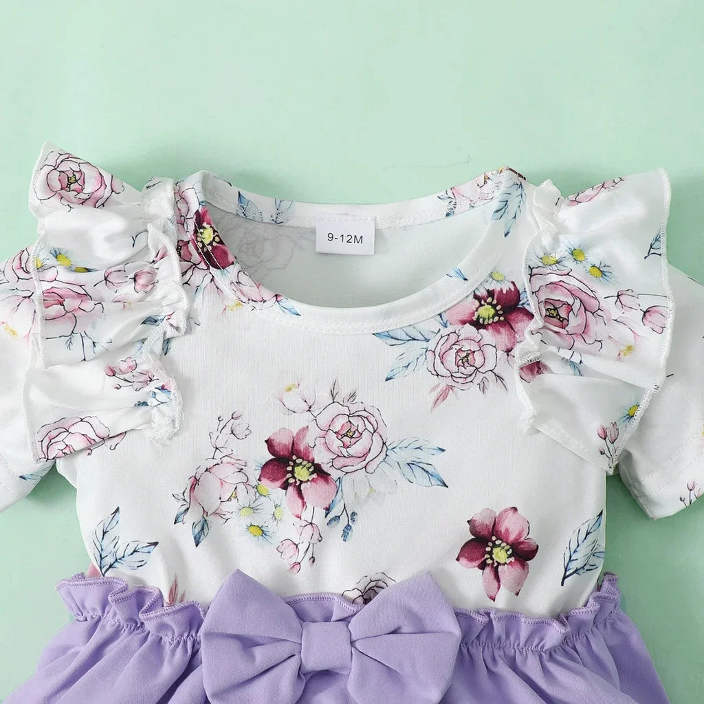2PCS Baby Girl Floral Ruffle Short Sleeve Dress+Headwear Fashion Birthday Party Dress Summer Wear for Toddler Girl 0-3 Years