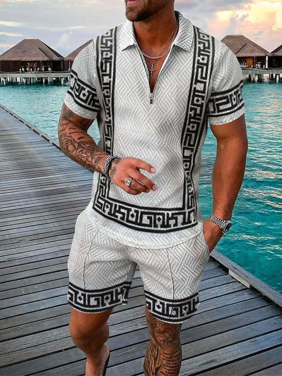 2026 Summer Men Matching Set Short Sleeve Polo Shirt Shorts Breathable Vacation Sports 2 Piece Outfits Men's Short Suit Set
