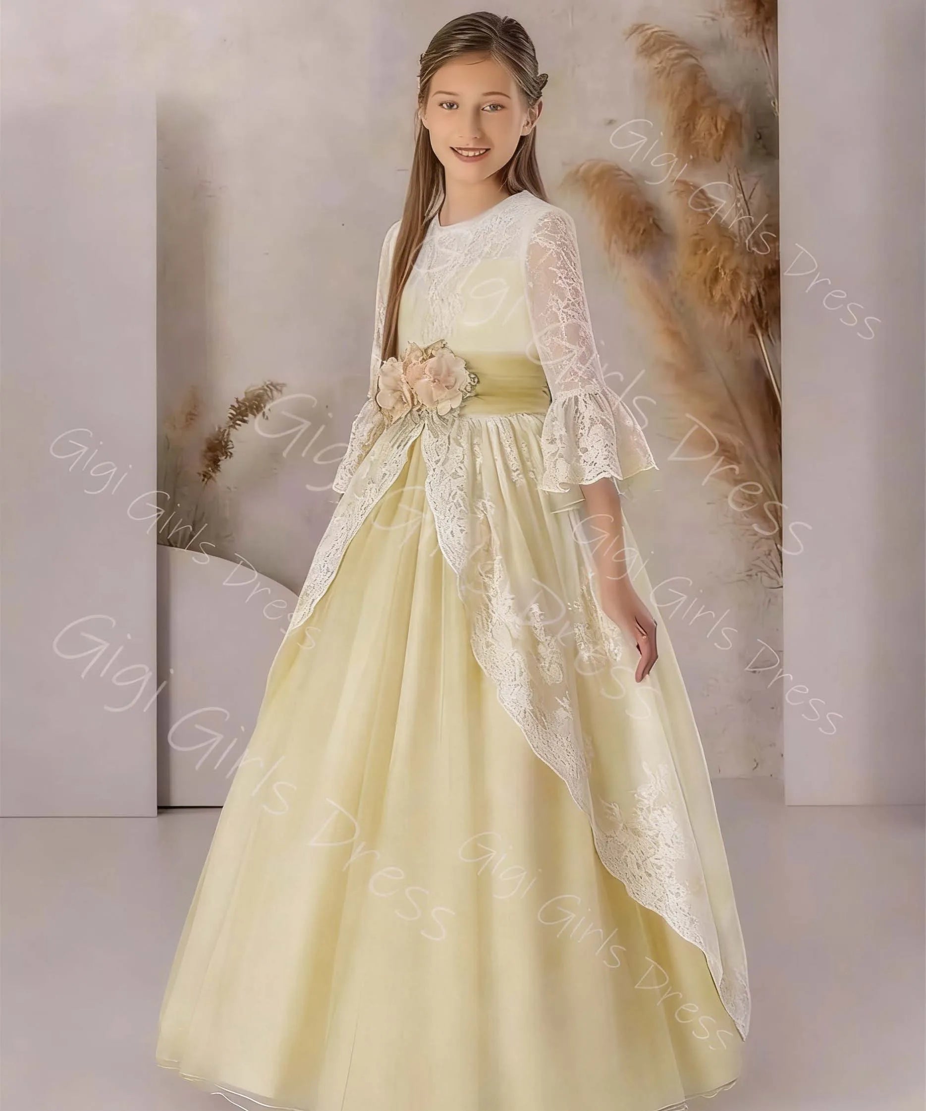 Graceful Lace Princess Flower Girl Dress 2-14 Kids 3/4 Sleeves 3D Flower Belt Wedding Party Gown First Communion Dress Custom