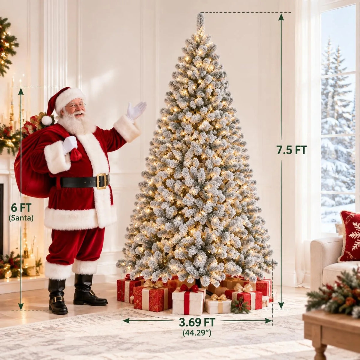 Prelit Artificial Christmas Tree with 100 Lights Snowflake Decorations Hinged PVC Branches Iron Trunk and Folding Metal Stand Green and White Holiday Decor for Living Room Home Christmas Party