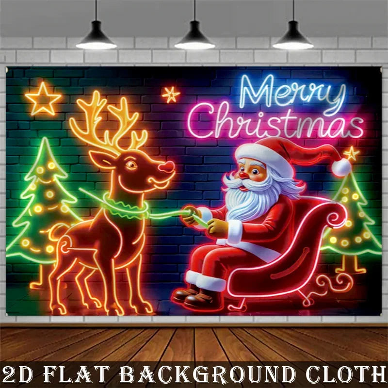 Neon Christmas Scene: Santa Claus and Reindeer, suitable for holiday parties and outdoor Christmas decorations