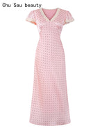 Chu Sau beauty Women New Fashion Sweet Polka Dot Print Chic Lace Patchwork V-neck Long Dress Vintage Short Sleeve Party Dresses