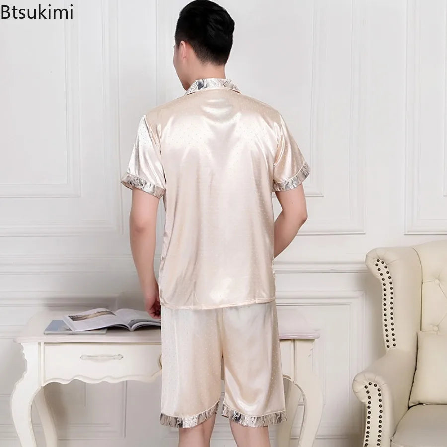 2026 Summer Men's Pajamas Sets Satin Silk Shorts Short Sleeve Two Piece Set Sleepwear Home for Men Night Wear Loungewear Male