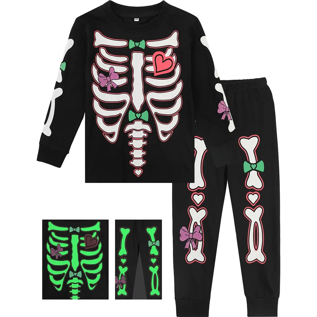 Halloween Pajamas for Kids Girls Pyjamas Set Skull Glow Party Gift Pjs Toddler Skeleton Cosplay Carnival Fancy Dress Nightwear