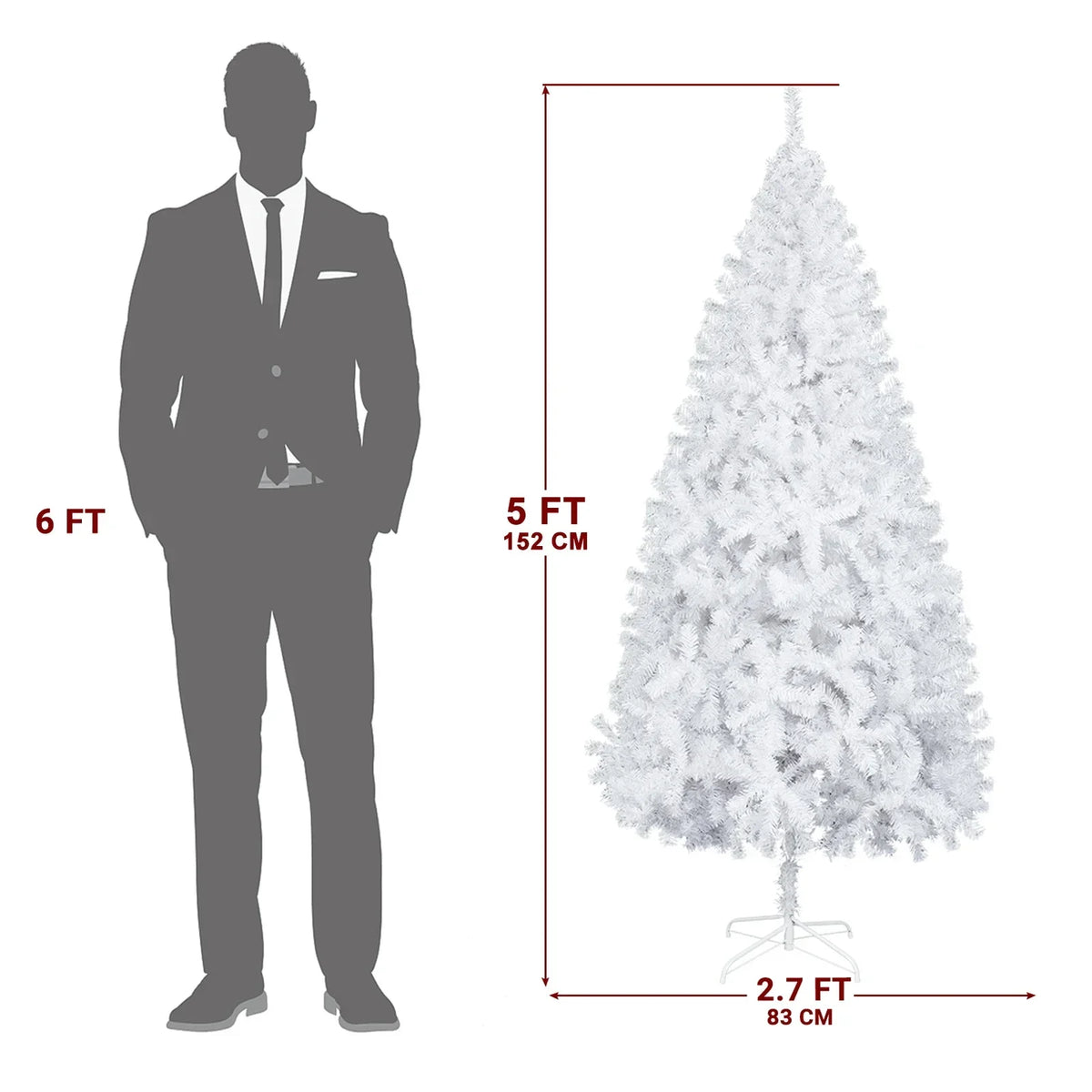 5ft White Unlit Artificial Christmas Tree, 480 Branch Tips Hinged Pine Tree, Flame Retardant PVC with Sturdy Metal Stand for Indoor Home Xmas Holiday Decoration