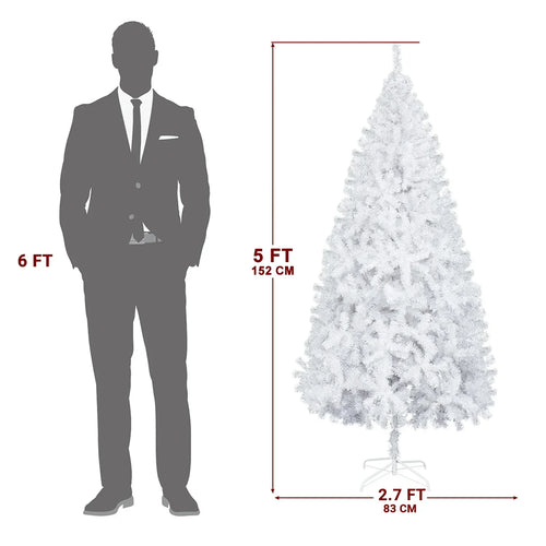 5ft White Unlit Artificial Christmas Tree, 480 Branch Tips Hinged Pine Tree, Flame Retardant PVC with Sturdy Metal Stand for Indoor Home Xmas Holiday Decoration