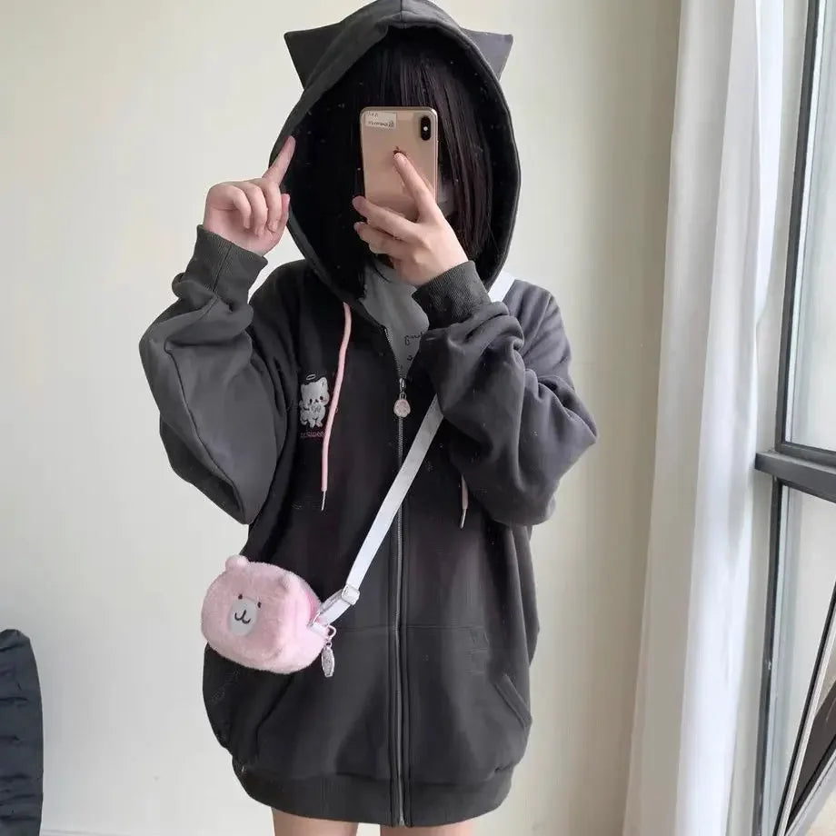 America Cartoon Cat Embroidery Cardigan Y2k Hooded Zipper Sweatshirt Women Streetwear Aesthetics Grunge Sweet Tops Harajuku Coat