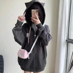 America Cartoon Cat Embroidery Cardigan Y2k Hooded Zipper Sweatshirt Women Streetwear Aesthetics Grunge Sweet Tops Harajuku Coat