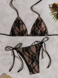 Women's Lace Sheer Triangle Bikini Set Halter Tie Side 2 Piece Swimwear Summer Beach Bathing Suit