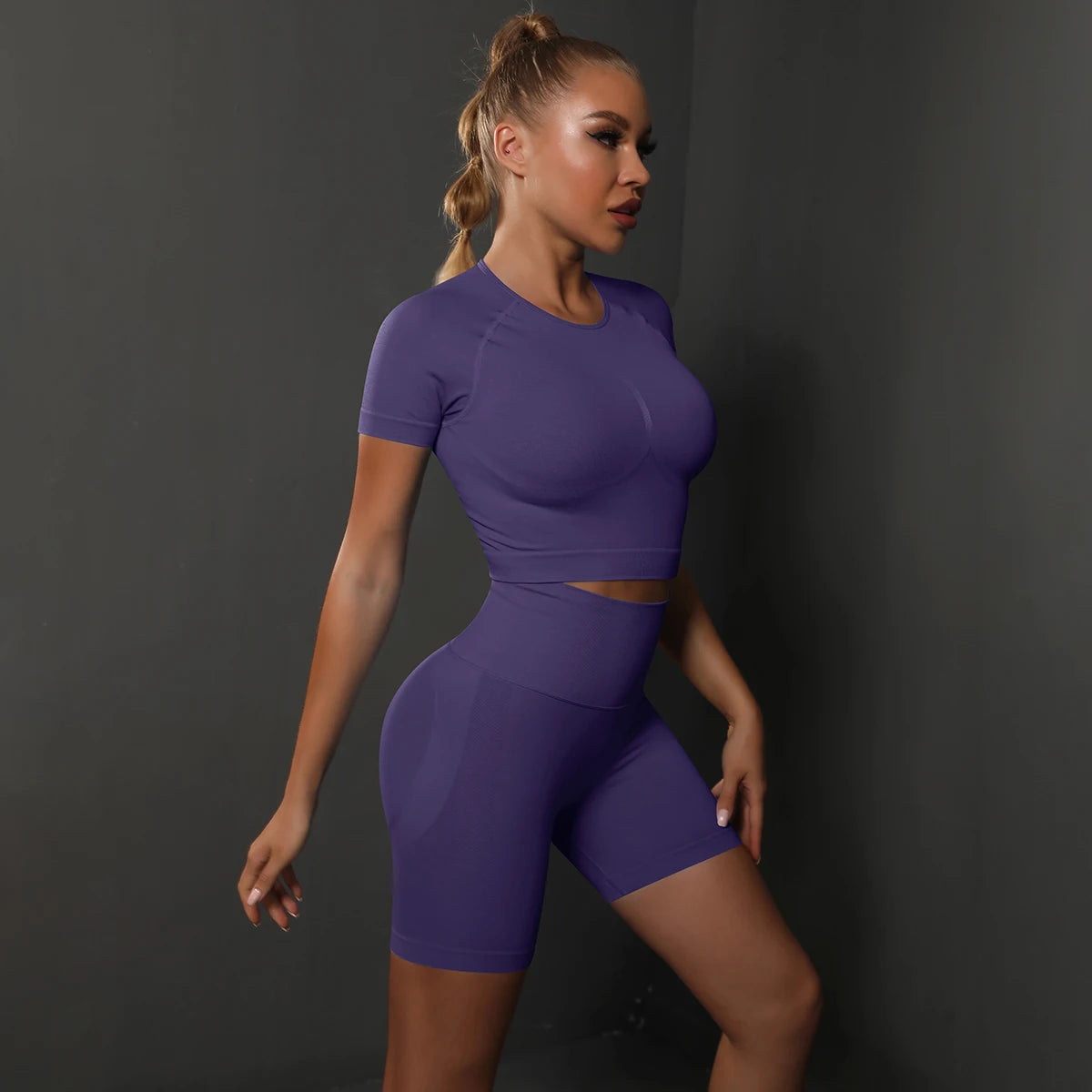 Summer Women Seamless Yoga Set Fitness Sportswear Workout Tracksuit Short Sleeve Crop Top High Waist Shorts Set Gym Clothing